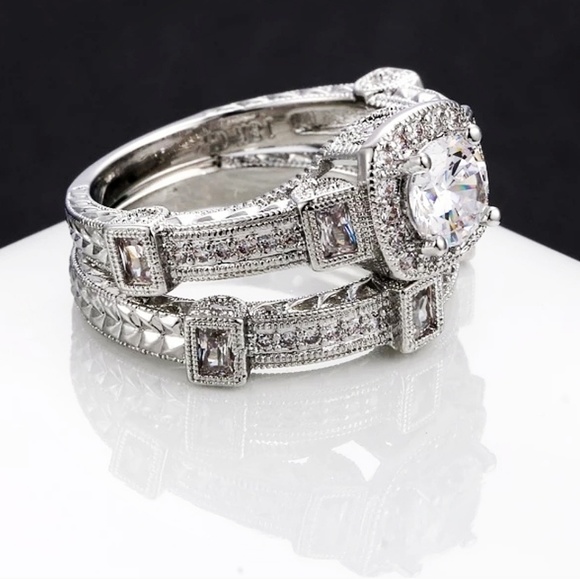 💎NEW💎 18K WHITE GOLD PLATED ART DECO BRIDAL SET - Picture 3 of 8